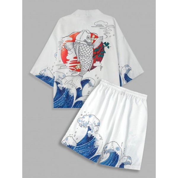 Sea Wave Koi Fish Kimono And Chinese Characters Shorts Two Piece Set