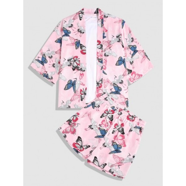 Flying Crane Butterfly Print Kimono Cardigan Shirt And Shorts Set