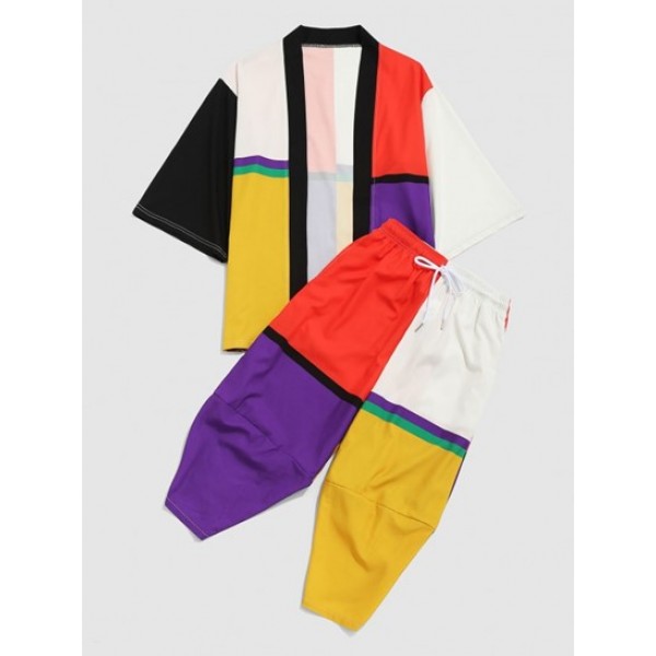 Colorblock Kimono Cardigan And Cropped Baggy Pants Set