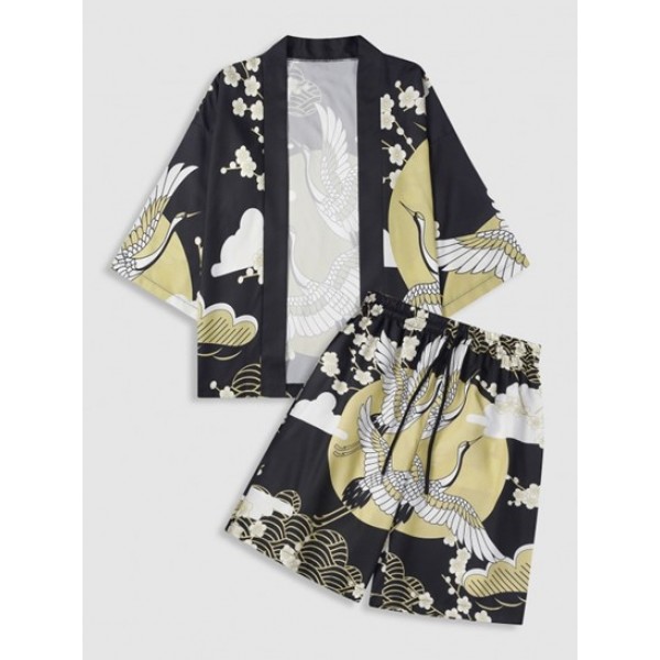 Floral Sun And Crane Print Kimono And Drawstring Shorts Set