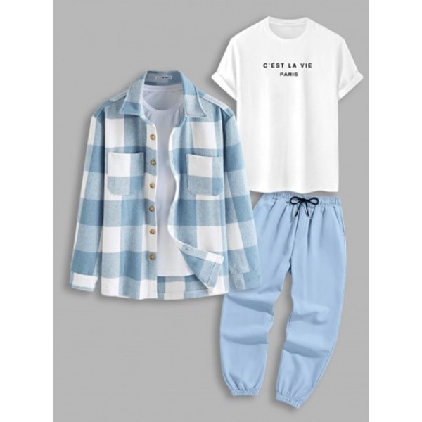 3Pcs C'EST LA VIE Letter Printed Short Sleeves T-shirt And Plaid Pattern Wool Blend Shacket And Drawstring Pocket Jogger Pants Set