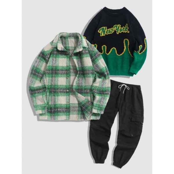 3Pcs Colorblock New York Pattern Sweater And Plaid Pocket Fluffy Shacket And Solid Color Cargo Pants Set