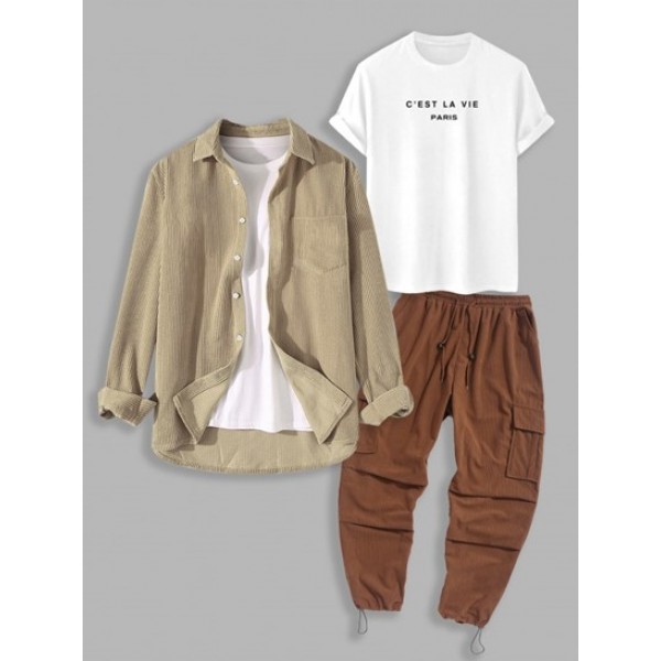 3Pcs C'EST LA VIE Letter Printed T-shirt And Corduroy Shirt And Wide Leg Pants Set