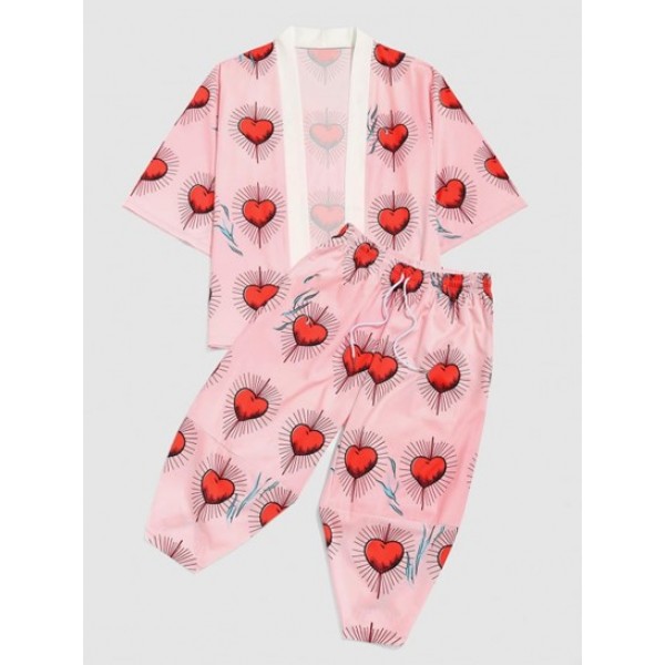 Heart Print Kimono Cardigan Shirt And Cropped Pants Set