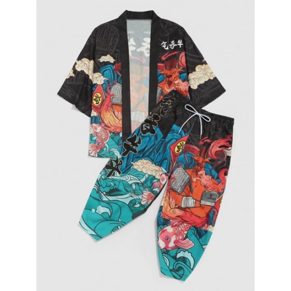 Chinoiserie Print Kimono Cardigan And Cropped Baggy Pants Set