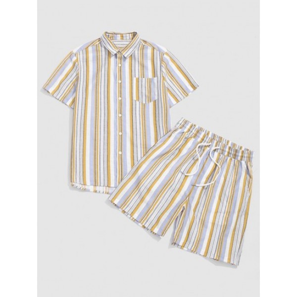 Striped Print Pocket Shirt And Shorts Set