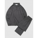 Striped Print Turn Down Collar...