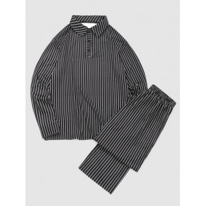 Striped Print Turn Down Collared T-shirt...