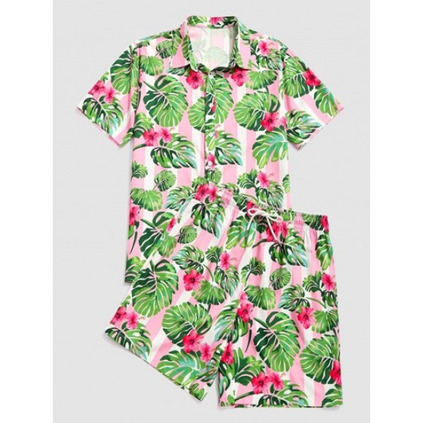 Contrast Stripe Tropical Flower Leaf Vacation Shirt And Shorts Two Pieces Set