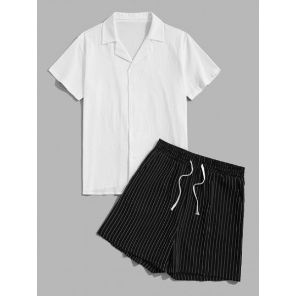 Textured Solid Color Shirt And Striped Shorts Set