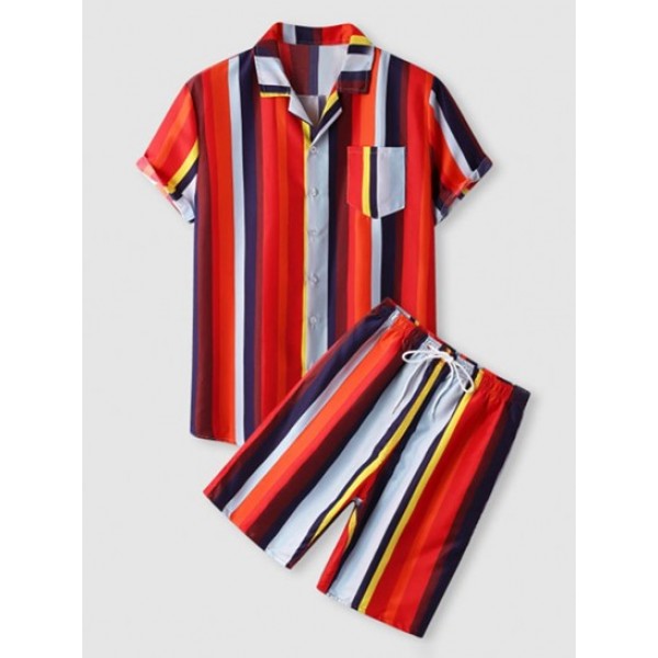 Colored Striped Front Pocket Shirt And D...