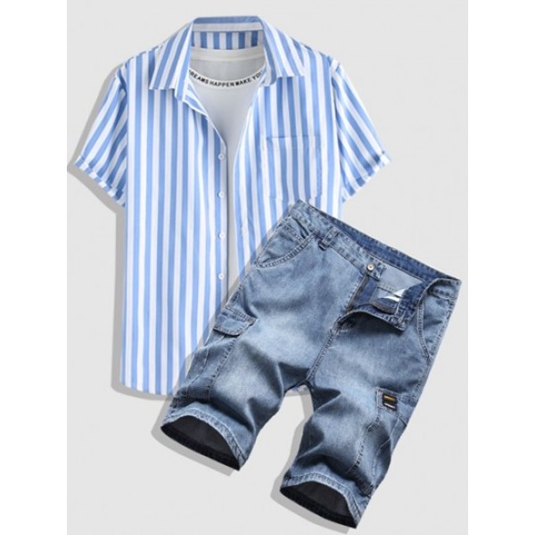 Striped Pattern Short Sleeves Shirt And Multi-pocket Denim Shorts Set