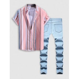 Striped Short Sleeves Shirt And Ripped J...