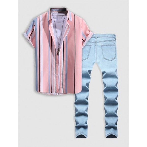 Striped Short Sleeves Shirt And Ripped J...