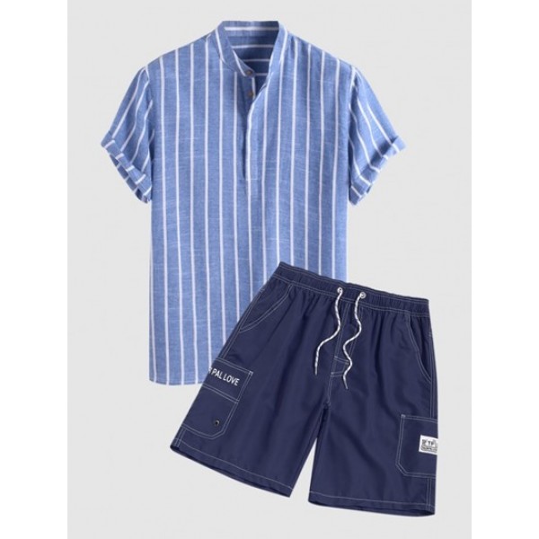 Half Buttoned Casual Striped Shirt And Stitching Drawstring Cargo Shorts