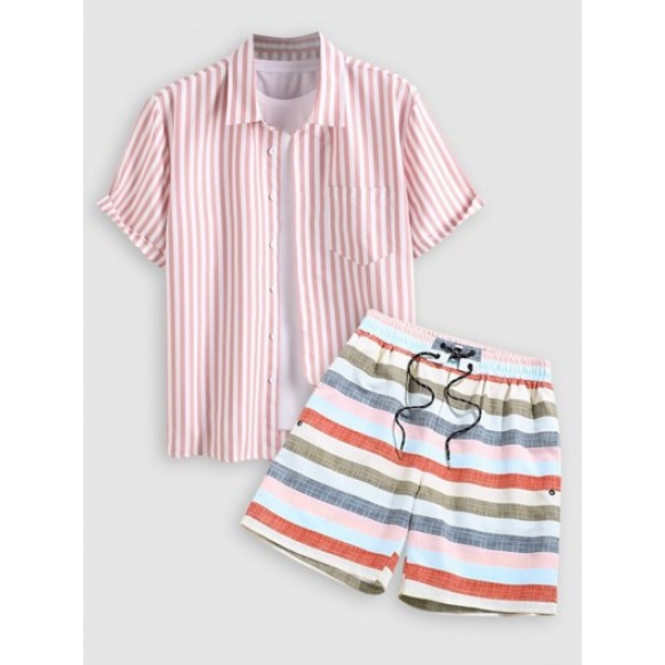 Short Sleeves Vertical Stripe Shirt With Lace Up Colorblock Striped Shorts Two Piece Set