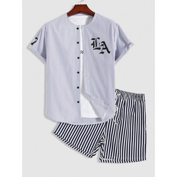 Striped Letter Baseball Shirt With Beach Shorts Two Piece Set