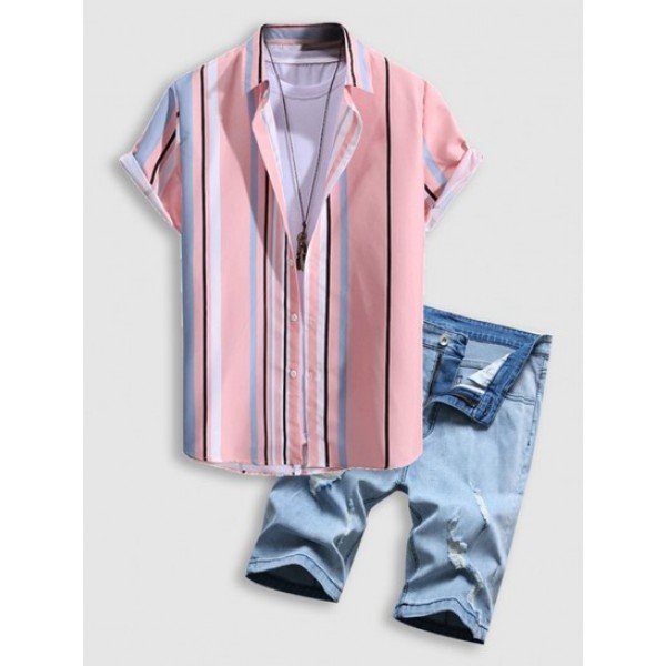 Multicolored Stripe Shirt With Distressed Denim Shorts Two Piece Set