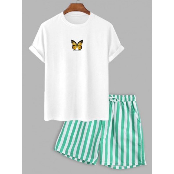 Butterfly Cotton T-shirt With Vertical Stripe Beach Shorts Two Piece Set