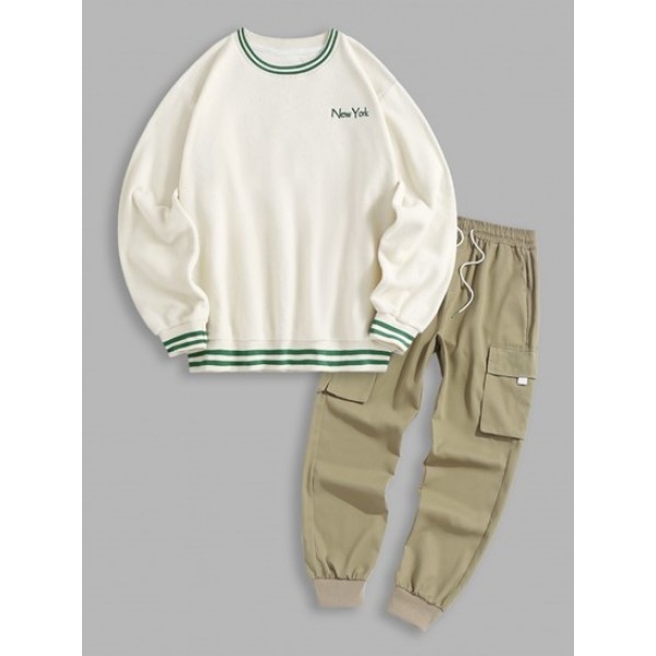 Striped Trim Fleece New York Embroidered Sweatshirt And Drawstring Cargo Pants Set