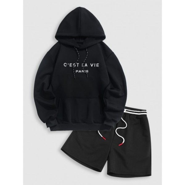 Letter Embroidery Pullover Hoodie And Striped Waist Design Sweat Shorts Set Outfit