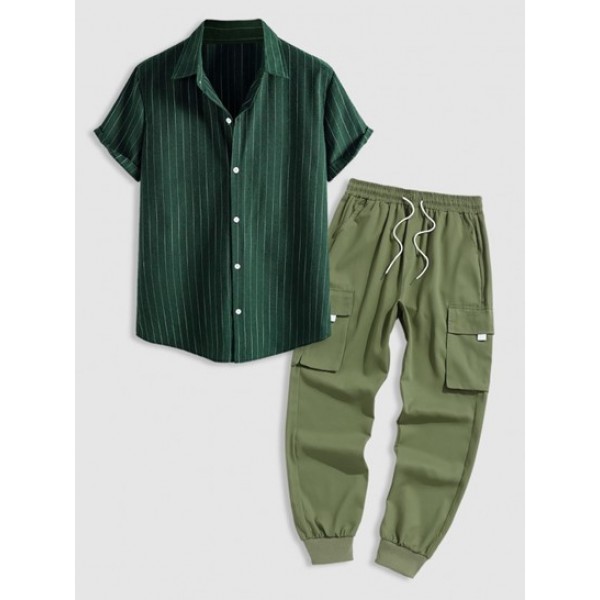 Striped Pattern Short Sleeves Button Fly Shirt And Techwear Cargo Pants Set