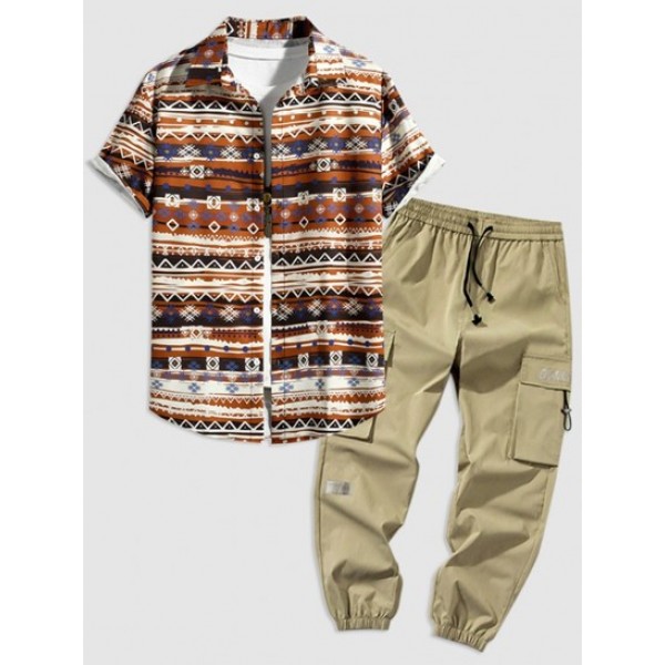 Ethnic Geometric Stripe Print Shirt With Letter Printed Cargo Pants Set