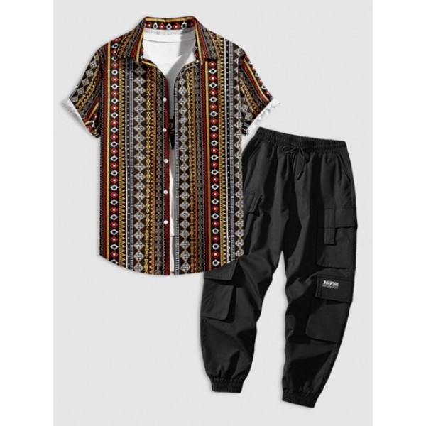 Geo Dotted Striped Printed Button Up Shirt And Side Multi Flap Pockets Casual Jogger Pants Set