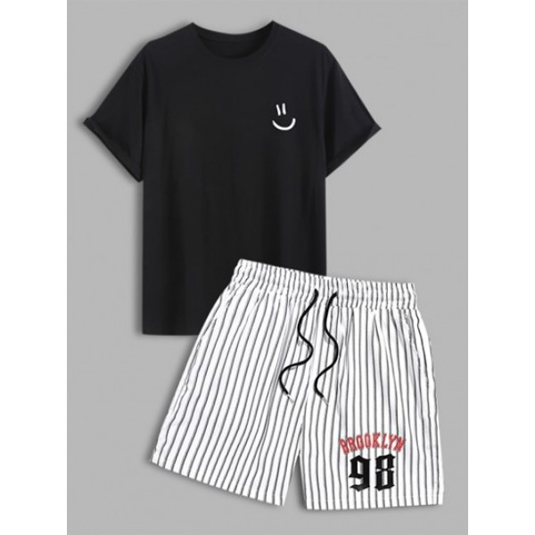 Cartoon Smile Face Printed Short Sleeves T-shirt And BROOKLYN Letter Printed Striped Shorts Set