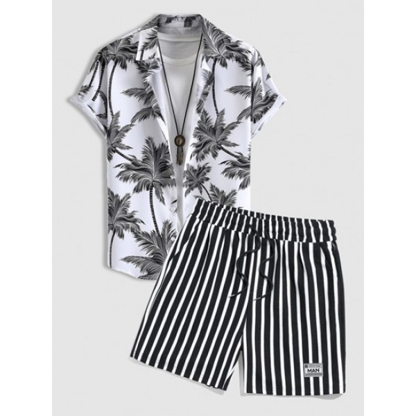 Tropical Coconut Tree Print Short Sleeve Shirt And Two Tone Color Striped Shorts Two Pieces Set