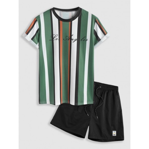 Striped Los Angeles Print Short Sleeve T Shirt With Label Design Drawstring Shorts Set