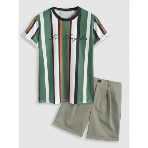 Striped Los Angeles Print Short Sleeve T Shirt And Cotton And Linen Textured Suit Shorts Set