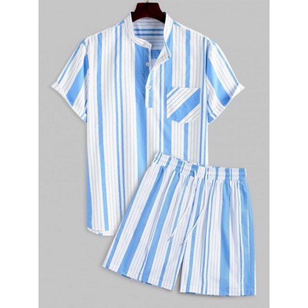 Vertical Striped Cotton Short Sleeves Shirt And Shorts Set