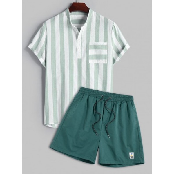 Contrast Stripes Stand Collar Pullover Shirt And Solid Color Drawstring Shorts Set