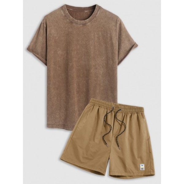 Men's Basic Retro Washed Solid Color 100% Cotton Short Sleeves Crew Neck T-shirt And Label Design Drawstring Shorts Set