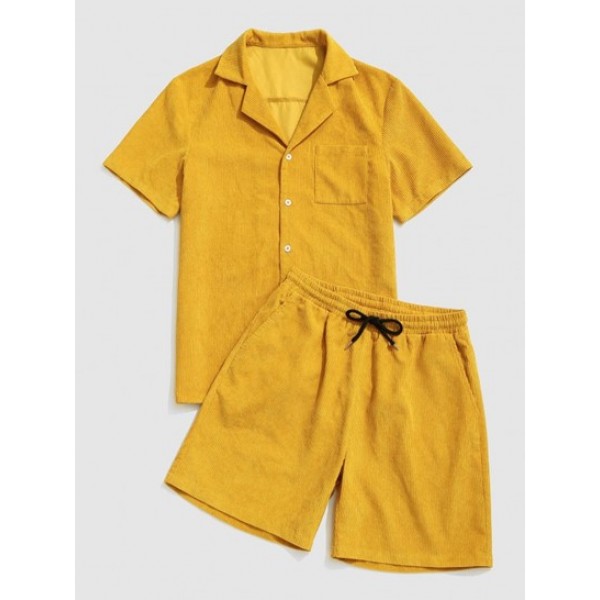 Button Up Pocket Corduroy Shirt And Shorts Set