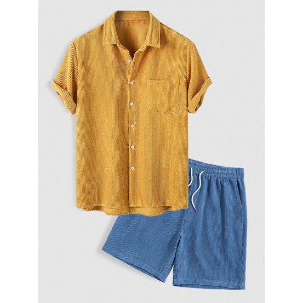 Two Piece Set Corduroy Casual Short Sleeves Shirt And Drawstring Shorts