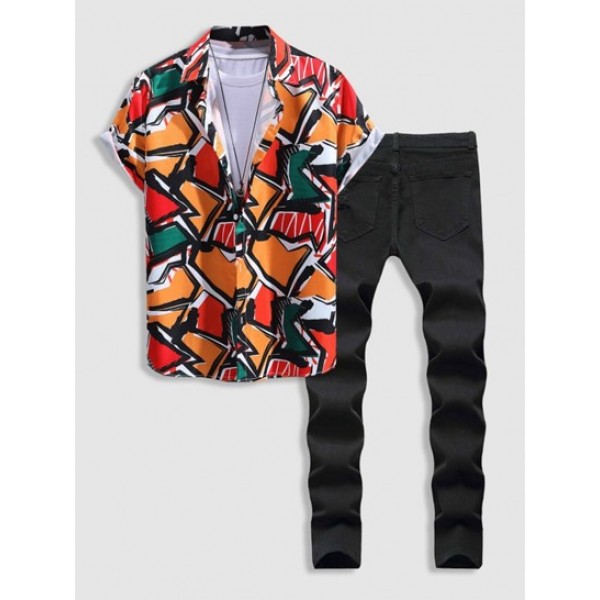 Abstract Print Shirt And Frayed Ripped Jeans Set