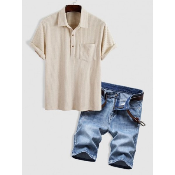 Texture Corduroy Collared Pullover Shirt And Zip Fly Denim Shorts Set