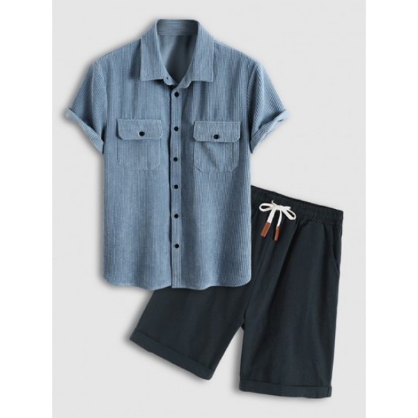 Short Sleeves Corduroy Shirt With Bermuda Shorts Two Piece Set