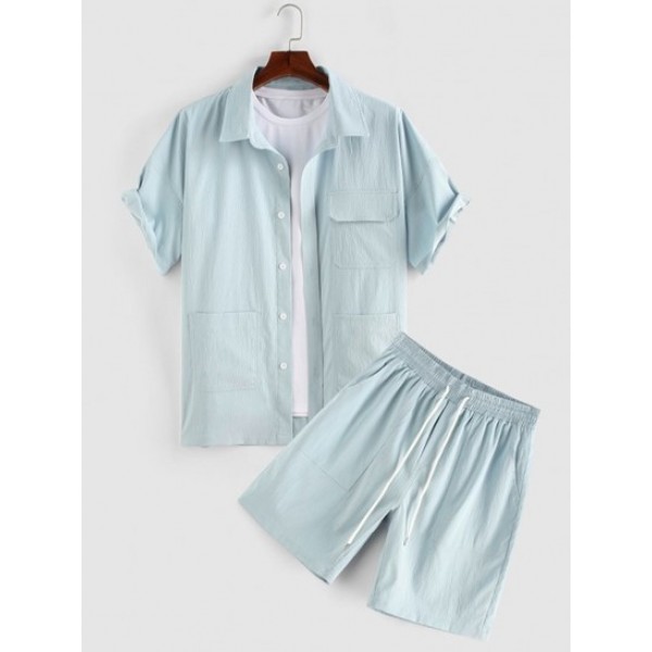 Cargo Style Multi-pocket Shirt And Drawstring Shorts Set