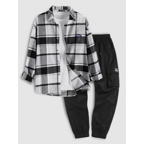 Plaid Pattern Long Sleeve Shirt And Beam Feet Cargo Pants Set