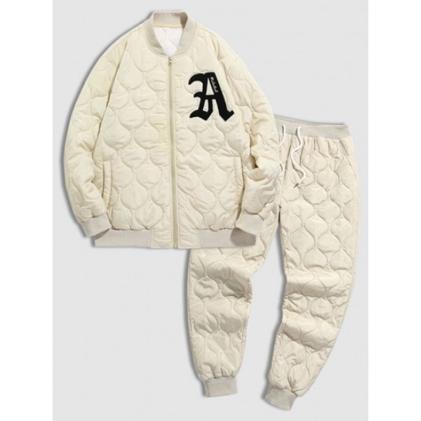 Letter Embroidery Zipper Fly Quilted Baseball Jacket And Beam Feet Pants Set