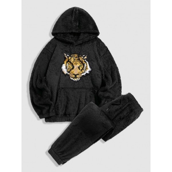 Tiger Embroidered Fluffy Hoodie And Teddy Beam Feet Pants Faux Fur Set