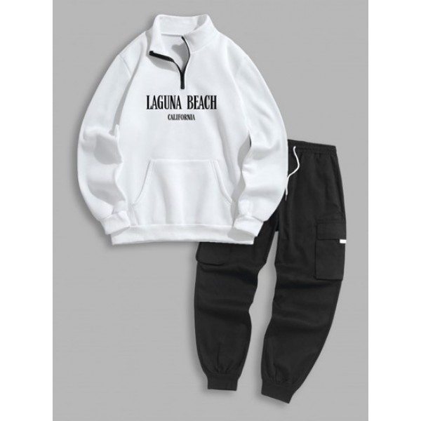 Letter Printed Thermal Fleece-lined Sweatshirt And Drawstring Techwear Cargo Pants Set