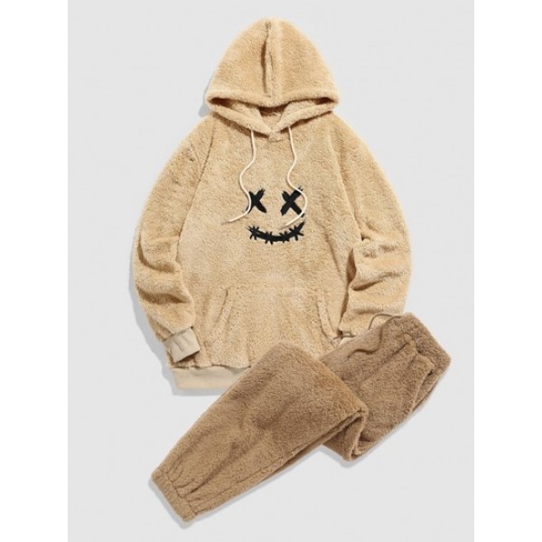 Cartoon Face Embroidered Fuzzy Hoodie And Fluffy Teddy Beam Feet Pants Faux Fur Set