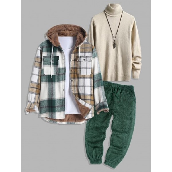 3PC Set Turtleneck Basic Sweater Plaid Hooded Fleece-lined Jacket Fluffy Jogger Pants