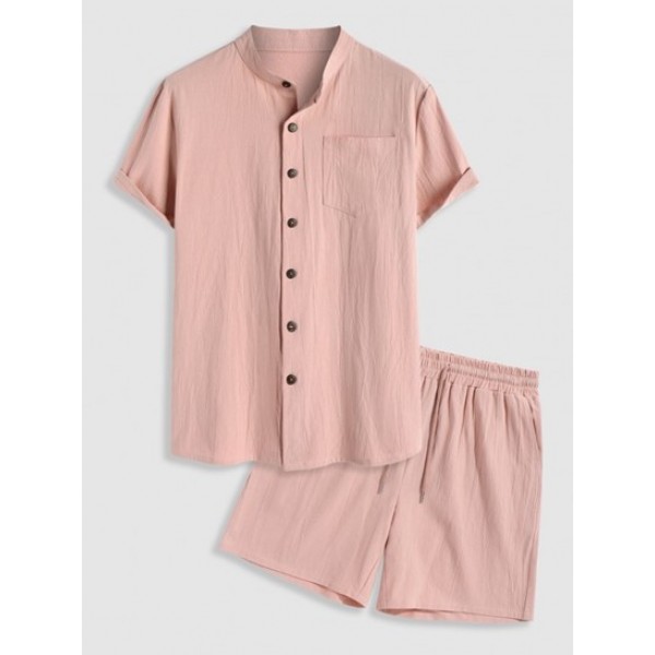 Plain Short Sleeves Shirt With Drawstring Beach Vacation Two Piece Set