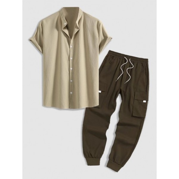 Solid Color Stand Collar Short Sleeves Shirt And Beam Feet Cargo Pants Set