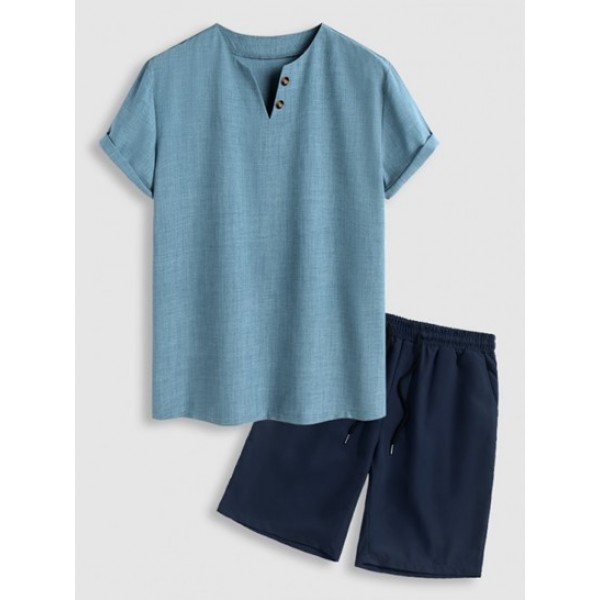 Notch Collar Short Sleeves Popover T-shirt And Solid Color Basic Casual Shorts Set